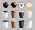 Takeaway coffee mockup. Plastic paper cup for liquid and drink to go. Espresso latte cappuccino mug, breakfast beverages Royalty Free Stock Photo