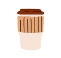 Takeaway coffee mug. Takeout paper cup with cuff, covered with lid, cap. Take-away morning beverage, hot drink