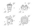 Takeaway coffee, Safe water and Report icons set. Cpu processor sign. Vector