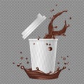 Takeaway coffee. White paper cup, coffee splashes. Vector realistic hot chocolate illustration Royalty Free Stock Photo