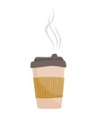 Takeaway cup of coffee with cover. Cozy vector illustration isolated on white Royalty Free Stock Photo