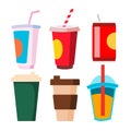 Takeaway Drink Set Vector. Cup, Mug With Coffee, Juice, Soda. Cold And Hot Tasty Beverage. Isolated Cartoon Illustration Royalty Free Stock Photo