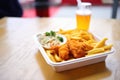 takeaway fish and chips in a styrofoam container with a fork