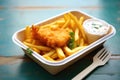 takeaway fish and chips in a styrofoam container with a fork