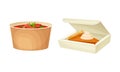 Takeaway food boxes set. Paper containers with soup and pumpkin pie vector illustration Royalty Free Stock Photo