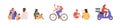 Takeaway food delivery service. Couriers and deliverymen on mopeds and bikes delivering online orders of pizza and