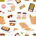 Takeaway food and drink pattern. Seamless background with pizza, sushi, lunch boxes, soup, take-away coffee and