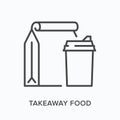 Takeaway food flat line icon. Vector outline illustration of drink cup and paper bag. Black thin linear pictogram for