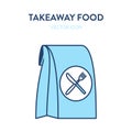 Takeaway food icon. Vector flat outline illustration of a paper bag with knife and fork symbol. Represents a concept of food