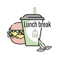 Takeaway food. Lunch break. Burger, green tea. Food, drink icon. Linear symbol for web, mobile phone Royalty Free Stock Photo