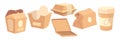 Takeaway food paper packaging. Fast food containers. Delivery pack. Blank 3D cardboard boxes, bags, or cups mockup