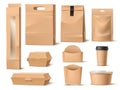 Takeaway food paper packaging. Realistic fastfood containers. Delivery pack. Blank 3D cardboard boxes, bags or cups