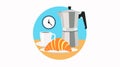 Breakfast with Coffee Maker, Coffee Cup, Croisant and a Clock. Morning Breakfast Icon