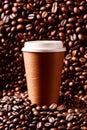 Takeaway paper cup of coffee with coffee beans