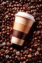 Takeaway paper cup of coffee with coffee beans