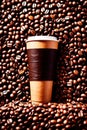 Takeaway paper cup of coffee with coffee beans