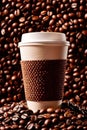 Takeaway paper cup of coffee with coffee beans