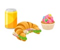 Takeaway Products for Snack Break with Stuffed Croissant and Cupcake Vector Illustration