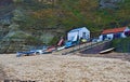 Inland view of Staithes beach and Penny Nab, near Scarborough, in North Yorkshire.