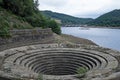 Dry well and banks at Lady Bower reservoir in late summer. Royalty Free Stock Photo