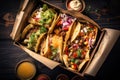 takeout box filled with tacos, burritos, and nachos