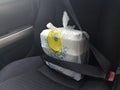 Takeout food bag and boxes wearing seatbelt