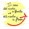 It takes 26 muscles to smile, and 62 muscles to frown - handwritten funny motivational quote. Print for inspiring poster, t-shirt