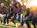 Taking a break from technology together. a happy group of friends sitting in a row on a fence together. Royalty Free Stock Photo