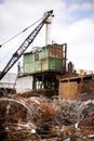 Taking care of business. a crane at work in a dumpsite. Royalty Free Stock Photo