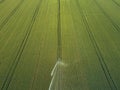 Taking care of the crop. Aerial view of irrigation system for agriculture, watering farmland