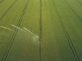 Taking care of the crop. Aerial view of irrigation system for agriculture, watering farmland