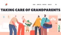 Taking Care of Grandparents Landing Page Template. Male and Female Characters with Luggage Come to Visit Old Parents Royalty Free Stock Photo