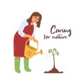 Taking care of nature. The gardener waters the seedling. A young tree. Flat summer greeting card, print. White background