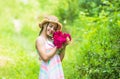 Taking care of nature. happy child in straw hat. Hairstyle of nature. mothers day. happy womens day. Portrait of small Royalty Free Stock Photo