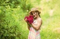 Taking care of nature. happy child in straw hat. Hairstyle of nature. mothers day. happy womens day. Portrait of small Royalty Free Stock Photo