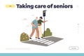 Taking care of senior concept of landing page with young woman helping elder man cross street road
