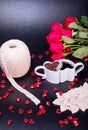 Taking a coffee break. Crochet lace and grape leaves work in progress sitting next to a cup of coffee. Royalty Free Stock Photo