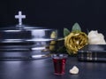 Taking communion the wine and the bread symbols on black background Royalty Free Stock Photo