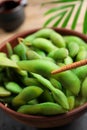 Taking edamame beans in pod from bowl with chopsticks, closeup