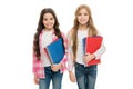 Taking extra classes. Happy to be students. Girls with school textbooks white background. School supplies concept. We