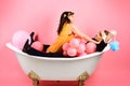 Taking long luxurious bath. Couple of mime man and woman enjoy bathing. Beauty routine and personal hygiene. Hair