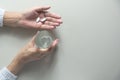 Taking medicine pills. Woman holds in hands the medicine pills a