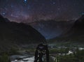 Taking night photography by dslr camera, Night sky full of stars and milky way with silhouette mountains valley Royalty Free Stock Photo