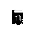 Taking Oath, Hand on Constitution or Bible. Flat Vector Icon illustration. Simple black symbol on white background. Taking Oath,