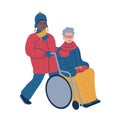 .Taking a person in a wheelchair for a stroll during the winter time. Isolated vector illustration.