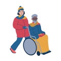 .Taking a person in a wheelchair for a stroll during the winter time. Isolated vector illustration.