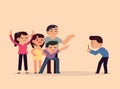 Taking photo happy smiling friends with smartphone, young people having fun concept, vector flat illustration