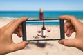 Taking photo of wine and glasses with mobile phone Royalty Free Stock Photo