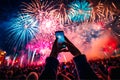 Taking picture of firework in festival with crowded people, vibrance multicolor, generative AI