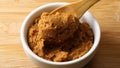 Taking a spoonful of Japanese shinshu shiro miso paste from a bowl close up